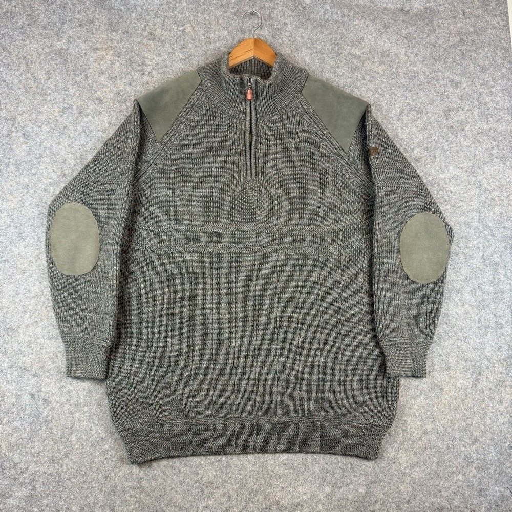WoolOvers Sweater Mens XL Gray 100% Wool Leather Elbow Patches Hill Walker